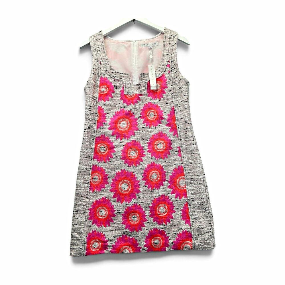 Trina Turk Sheath Dress Tweed Floral Pink Gray Sleeveless Knee Length Size 8